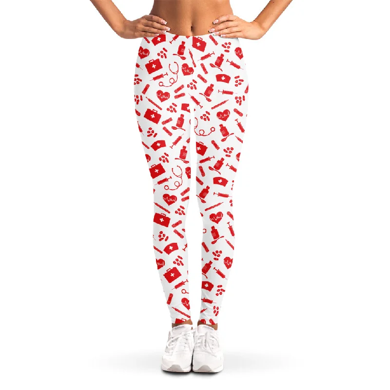 Red And White Nurse Pattern Print Women's Leggings Trendy Color Block Leggings