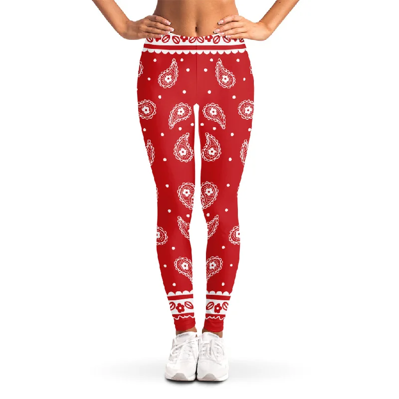 Red And White Paisley Bandana Print Women's Leggings Casual Black Leggings