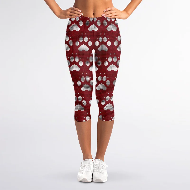 Red And White Paw Knitted Pattern Print Women's Capri Leggings Fashionable Ribbed Knit Leggings