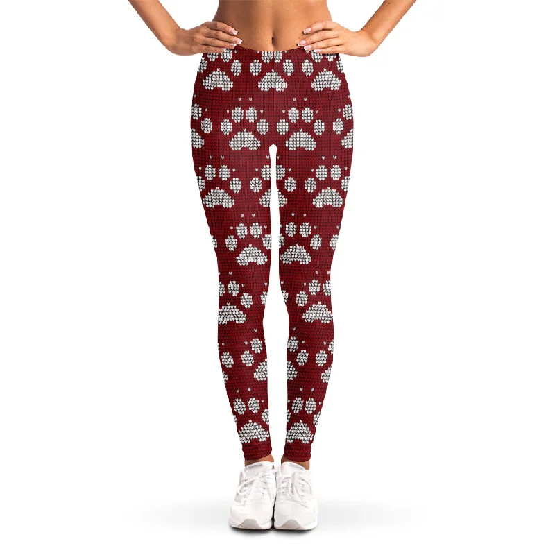 Red And White Paw Knitted Pattern Print Women's Leggings Stylish Printed Stretch Leggings