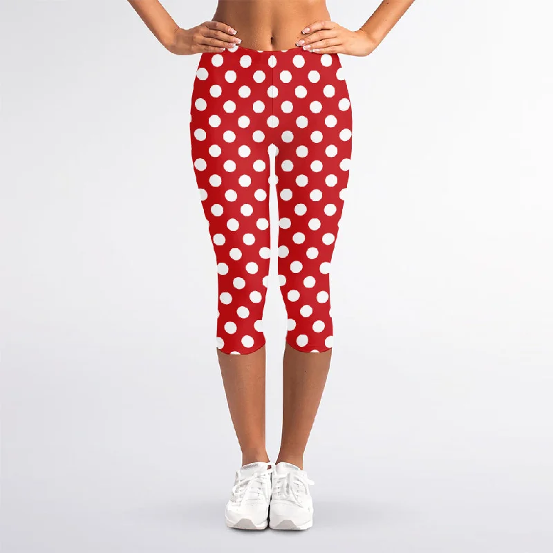 Red And White Polka Dot Pattern Print Women's Capri Leggings Elegant Sheer Leggings