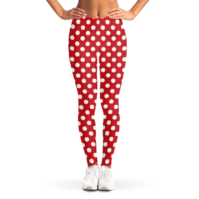 Red And White Polka Dot Pattern Print Women's Leggings Cozy Ribbed Leggings