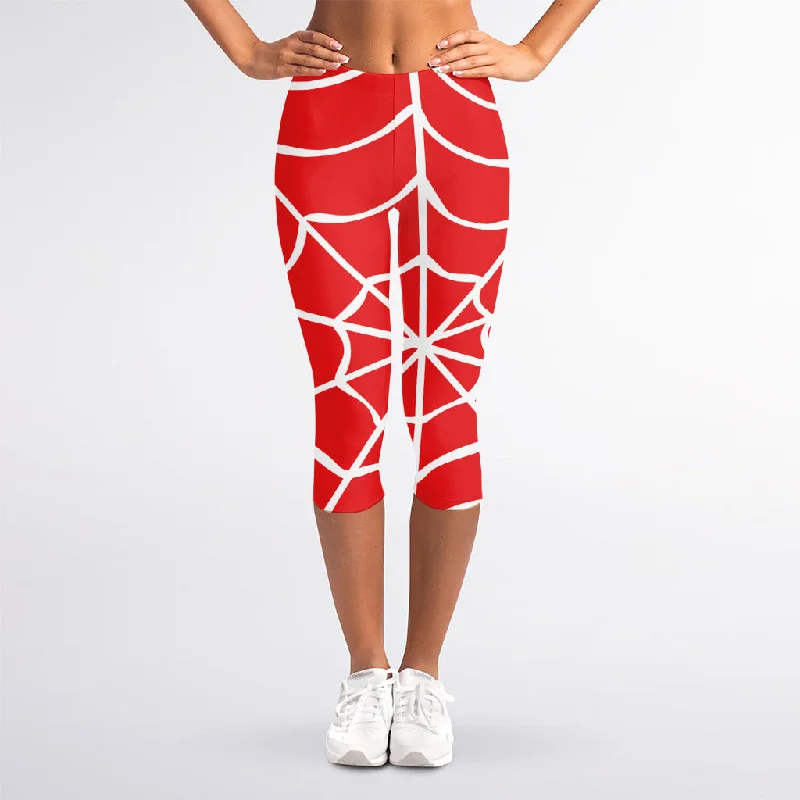 Red And White Spider Web Pattern Print Women's Capri Leggings Trendy Faux Suede Leggings