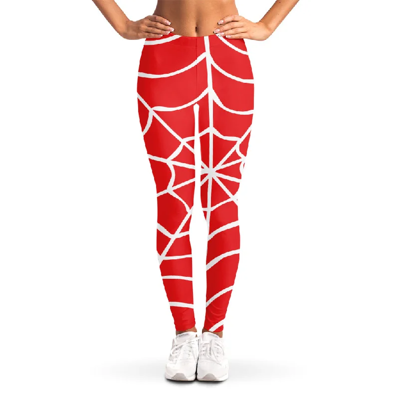 Red And White Spider Web Pattern Print Women's Leggings Comfortable Lounge Leggings