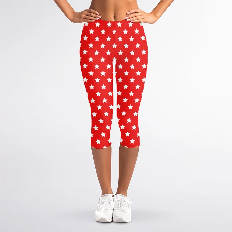 Red And White Star Pattern Print Women's Capri Leggings Fashionable Solid Color Tights