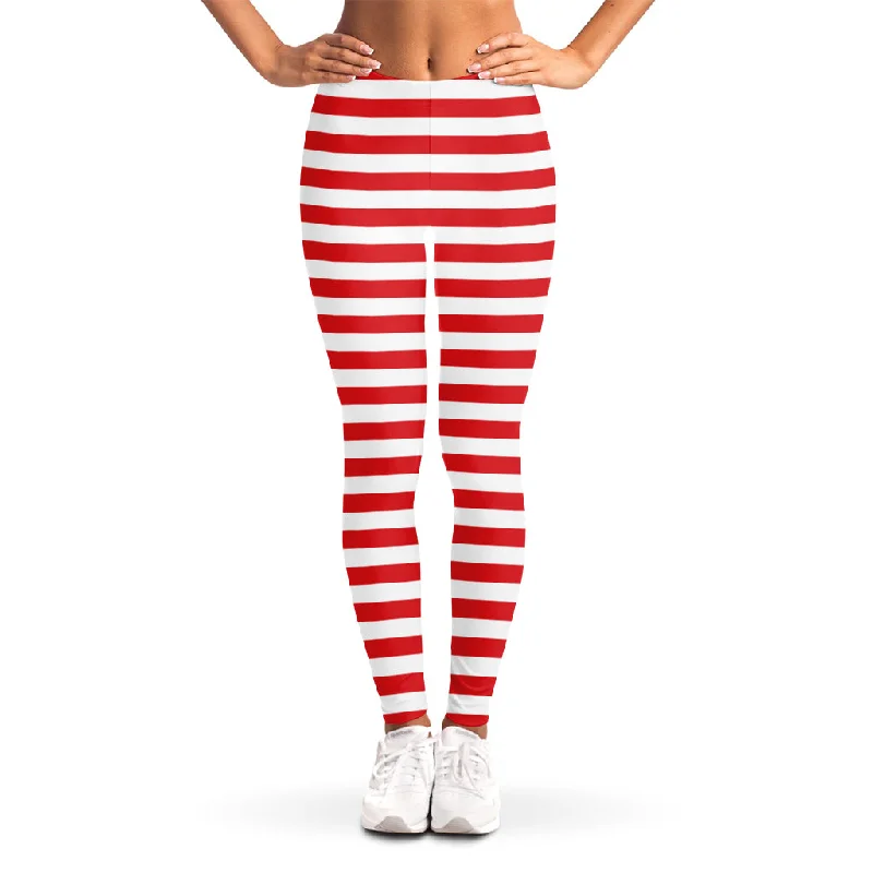 Red And White Striped Pattern Print Women's Leggings Comfortable Workout Fitness Leggings