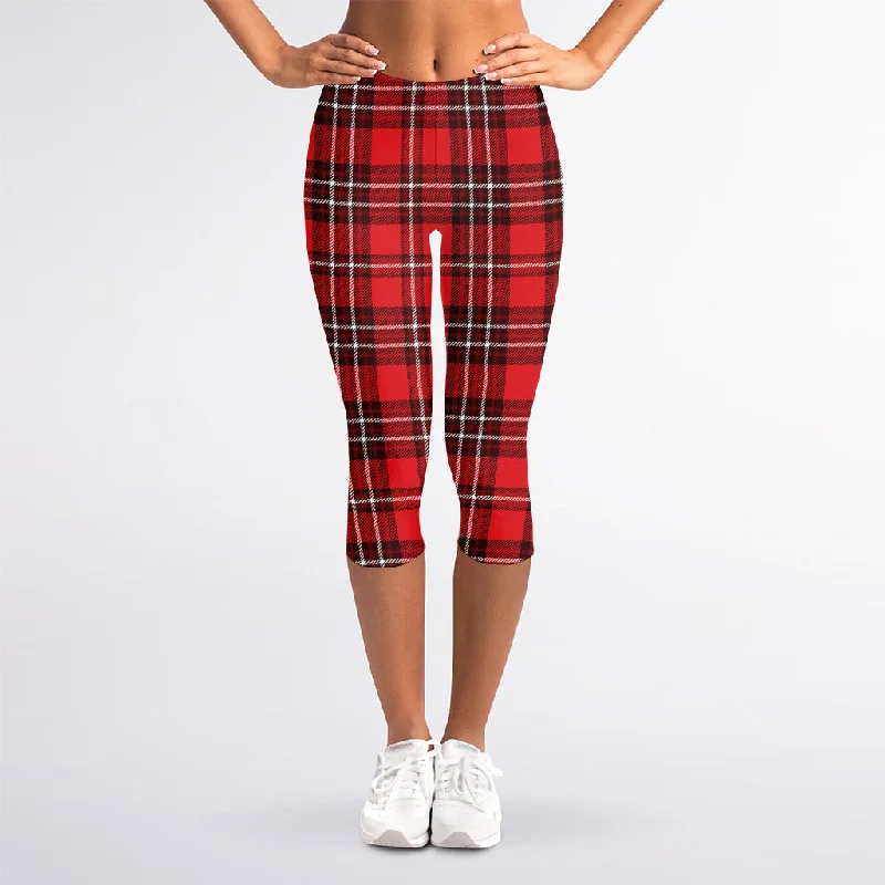 Red And White Tartan Pattern Print Women's Capri Leggings Comfortable Tummy Shaping Leggings