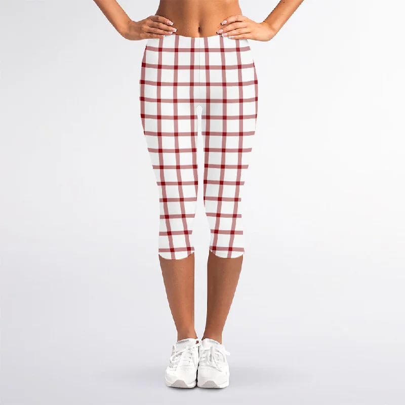 Red And White Tattersall Pattern Print Women's Capri Leggings Fashionable High-Rise Workout Leggings