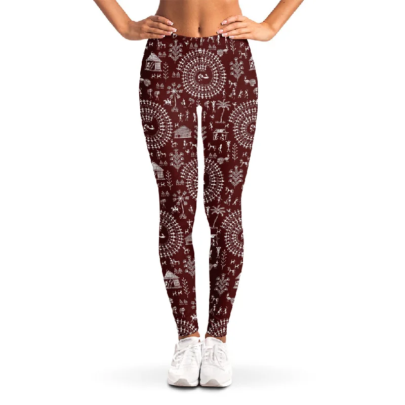 Red And White Warli Tribal Print Women's Leggings Fashionable Leather-Look Leggings