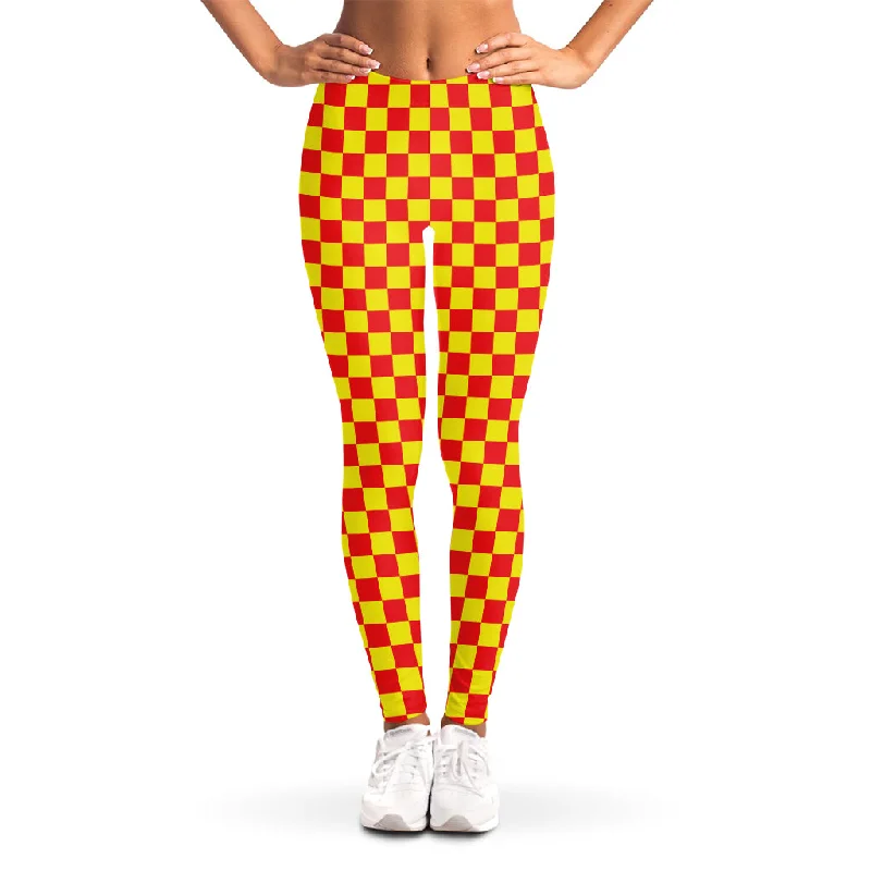 Red And Yellow Checkered Pattern Print Women's Leggings Trendy Leather-Look Workout Leggings