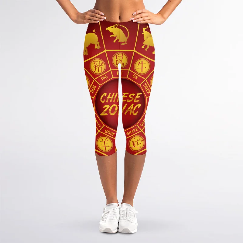 Red And Yellow Chinese Zodiac Print Women's Capri Leggings Stylish Athletic Wear Leggings