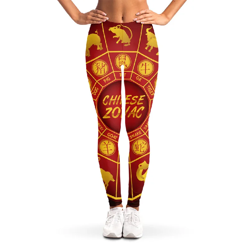 Red And Yellow Chinese Zodiac Print Women's Leggings Chic Workout Leggings