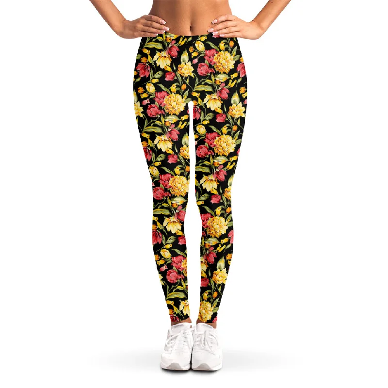 Red And Yellow Flowers Print Women's Leggings Cozy Cotton Leggings