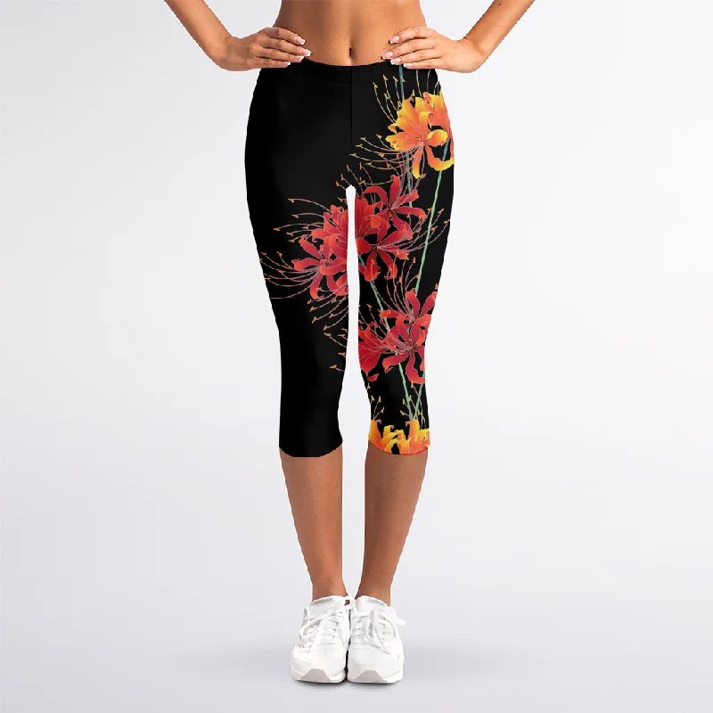 Red And Yellow Japanese Amaryllis Print Women's Capri Leggings Elegant Embellished Leggings