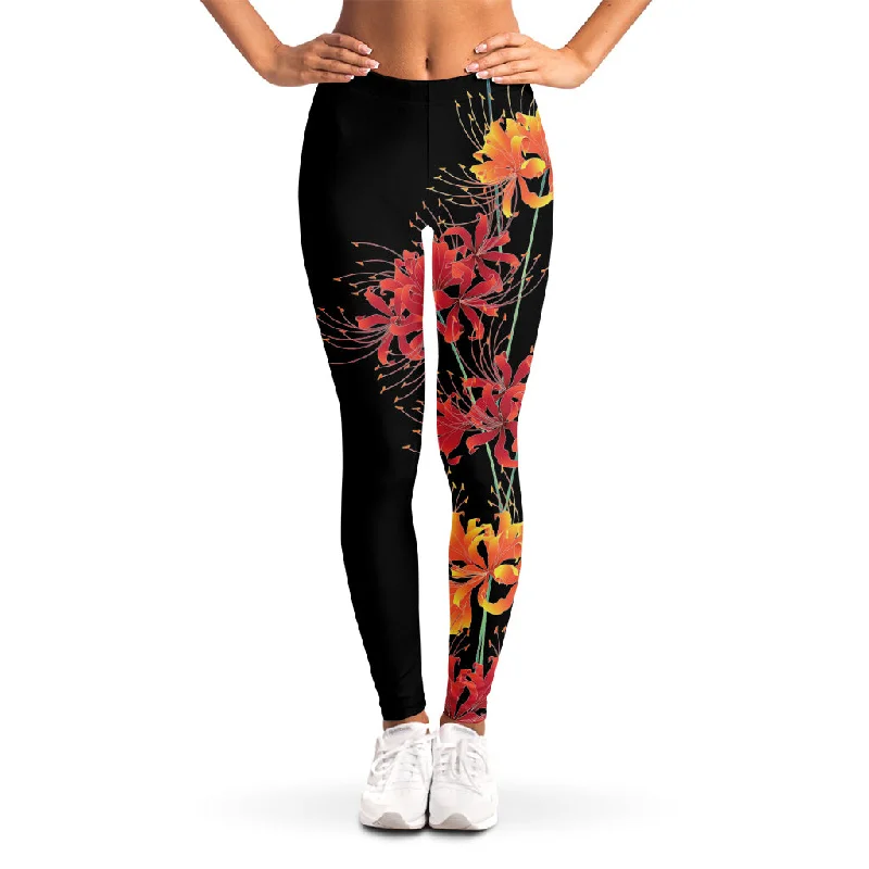 Red And Yellow Japanese Amaryllis Print Women's Leggings Stylish Lightweight Leggings