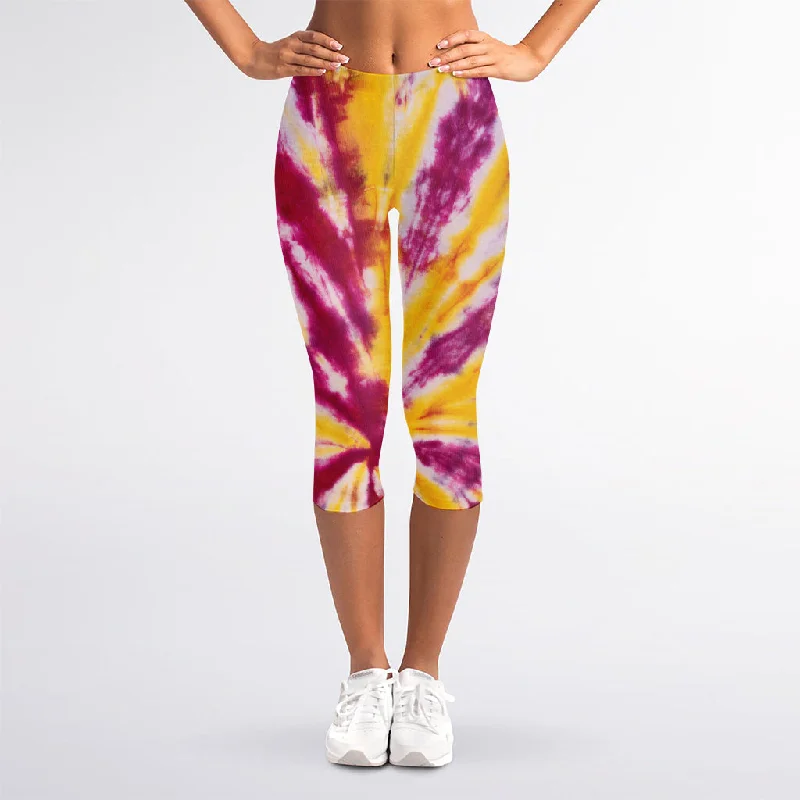 Red And Yellow Spider Tie Dye Print Women's Capri Leggings Trendy Fitness Leggings