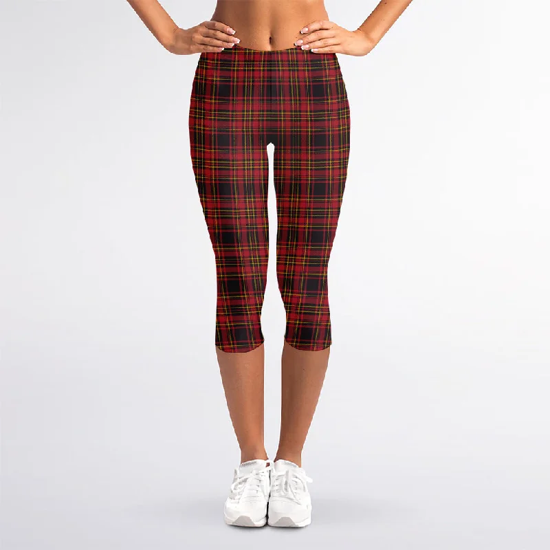 Red And Yellow Tartan Pattern Print Women's Capri Leggings Trendy Adjustable Waist Leggings