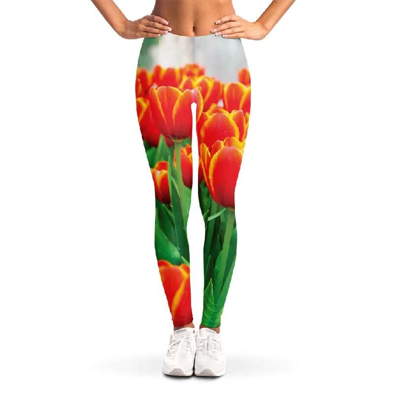 Red And Yellow Tulip Print Women's Leggings Comfortable Ribbed Sports Leggings