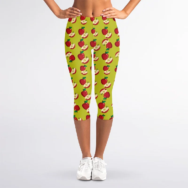 Red Apple Fruit Pattern Print Women's Capri Leggings Comfortable Running Leggings