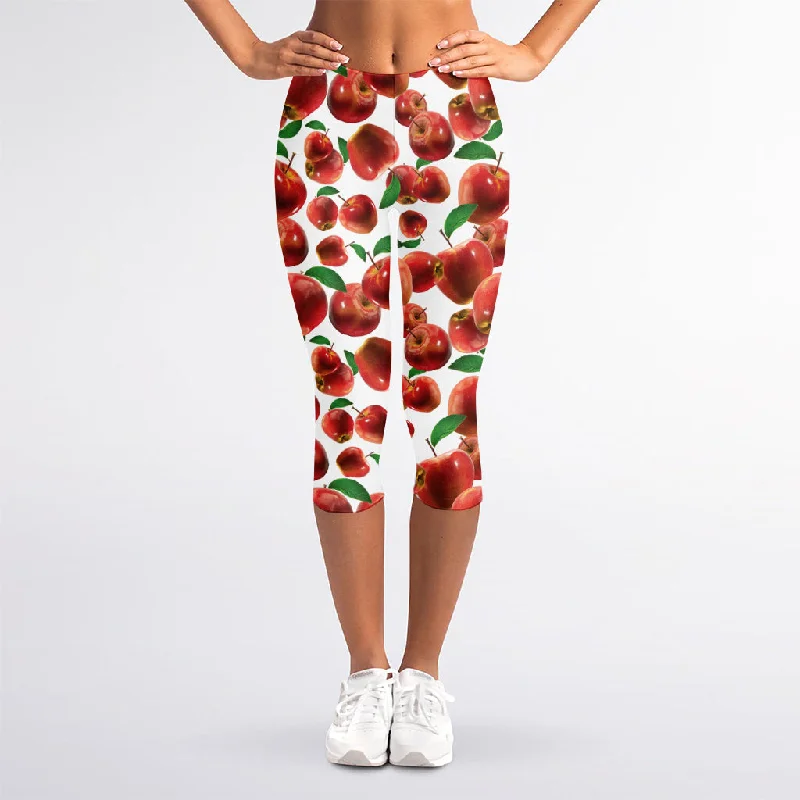 Red Apple Pattern Print Women's Capri Leggings Fashionable Floral Active Leggings