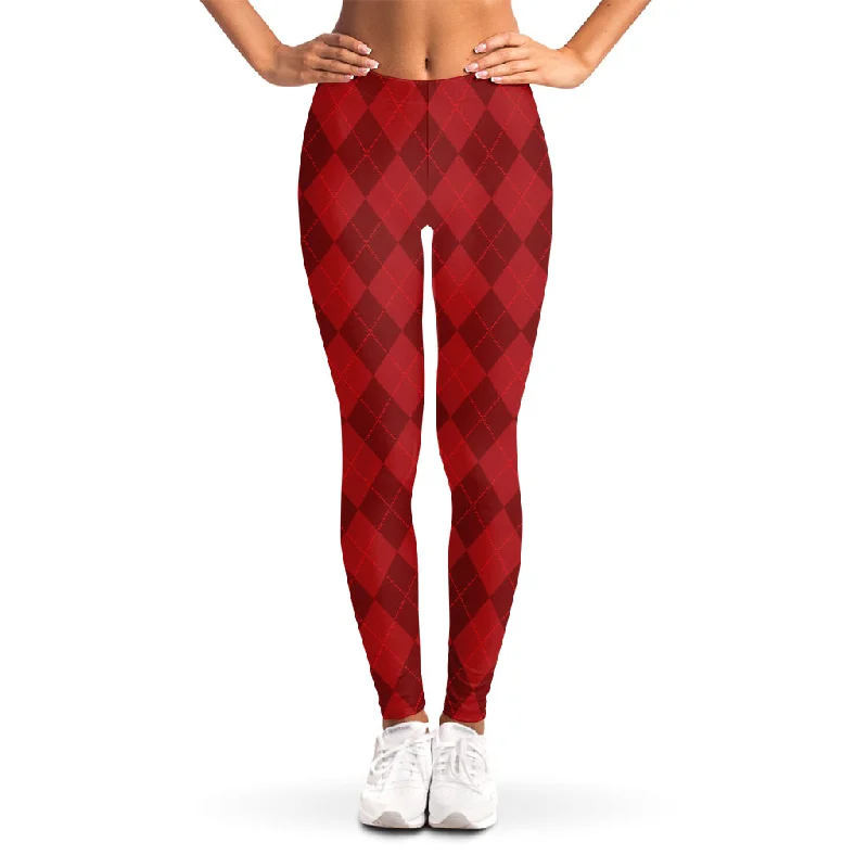 Red Argyle Pattern Print Women's Leggings Stylish Side-Stripe Leggings