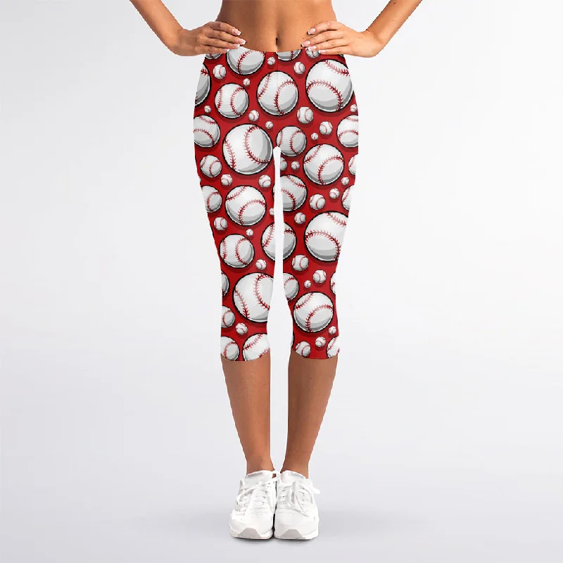 Red Baseball Pattern Print Women's Capri Leggings Stylish Camo Print Leggings