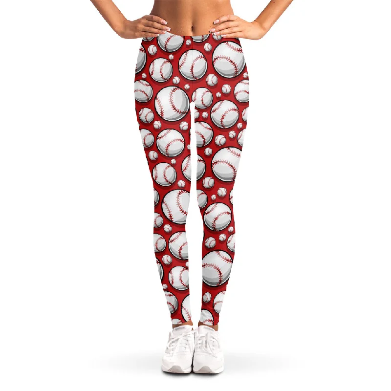 Red Baseball Pattern Print Women's Leggings Trendy Minimalist Leggings