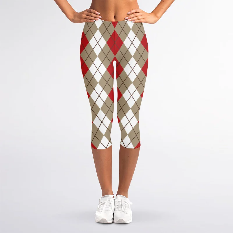 Red Beige And White Argyle Pattern Print Women's Capri Leggings Fashionable Quick-Dry Leggings