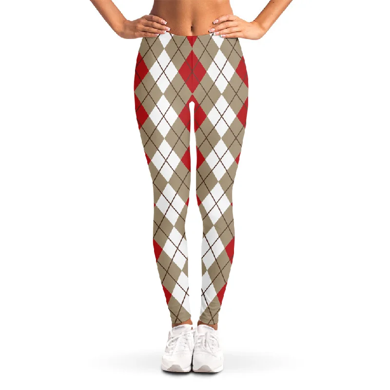 Red Beige And White Argyle Pattern Print Women's Leggings Elegant Printed Leggings with Pockets