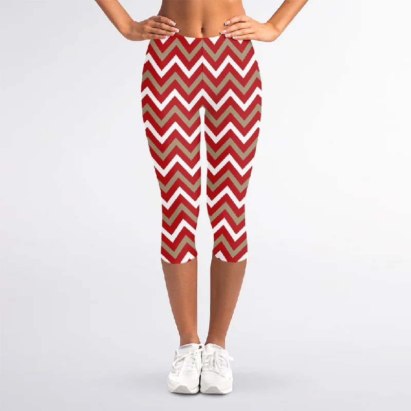 Red Beige And White Chevron Print Women's Capri Leggings Trendy Polka Dot Leggings