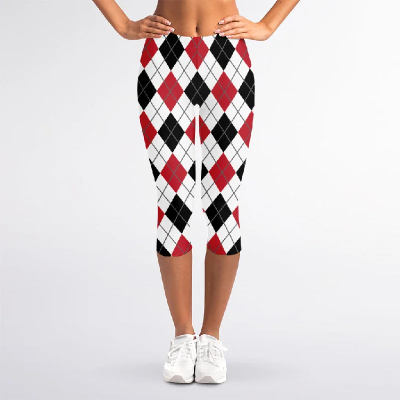 Red Black And White Argyle Pattern Print Women's Capri Leggings Cozy Full-Length Workout Leggings