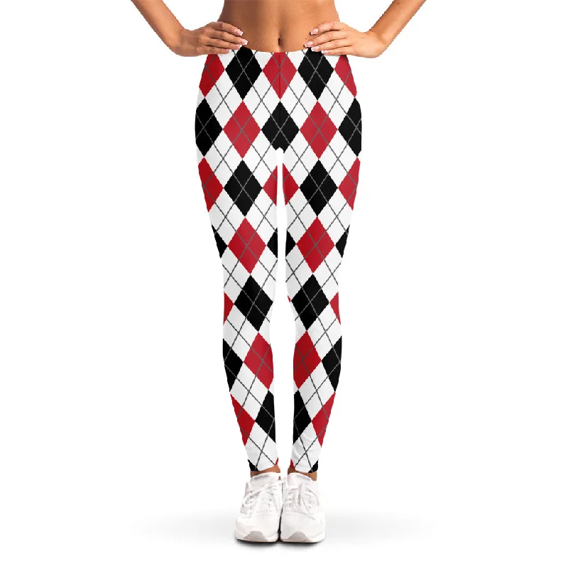 Red Black And White Argyle Pattern Print Women's Leggings Comfortable Slip-On Compression Leggings