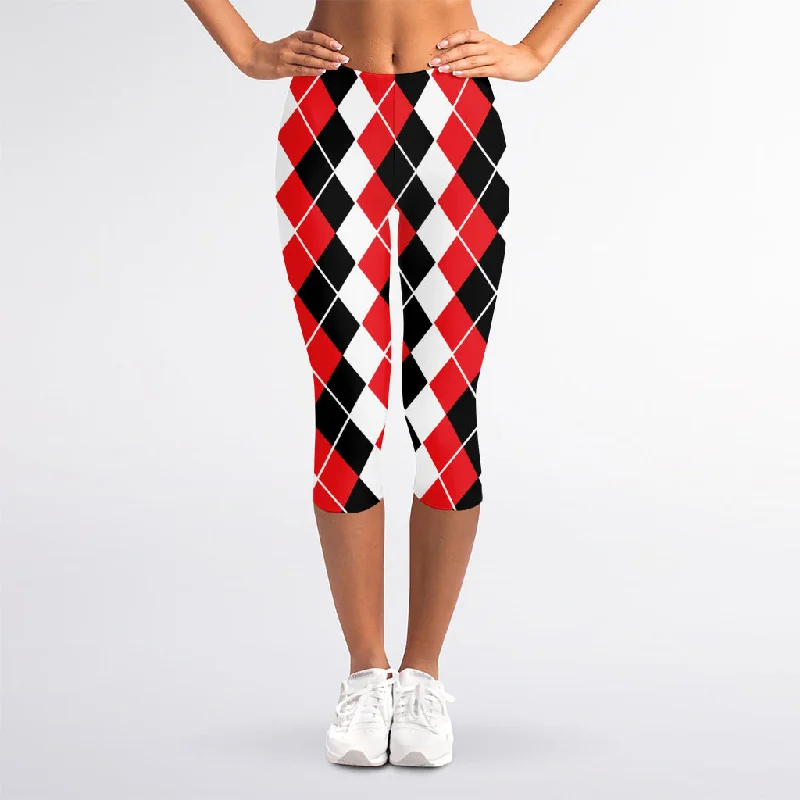 Red Black And White Argyle Print Women's Capri Leggings Elegant Shiny Black Leggings