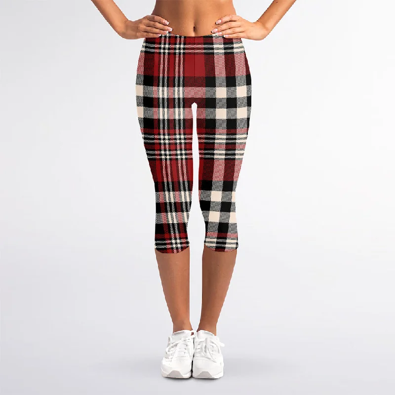 Red Black And White Border Tartan Print Women's Capri Leggings Cozy Warmth Leggings