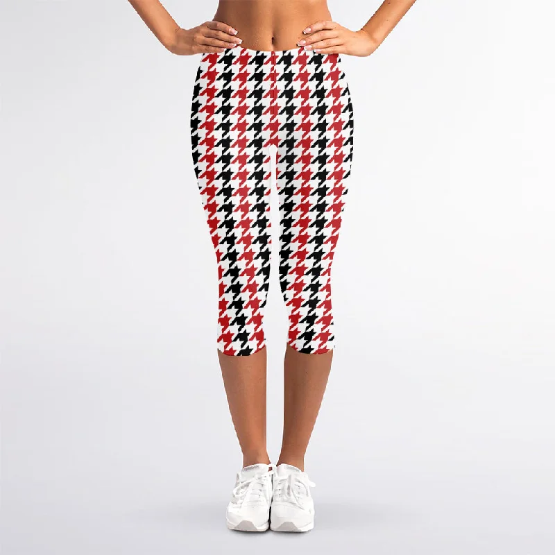 Red Black And White Houndstooth Print Women's Capri Leggings Fashionable Printed Legging Pants