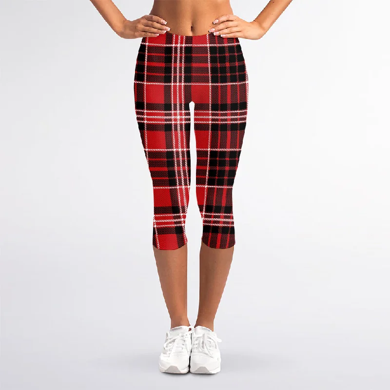 Red Black And White Scottish Plaid Print Women's Capri Leggings Cozy Sweat-Wicking Leggings