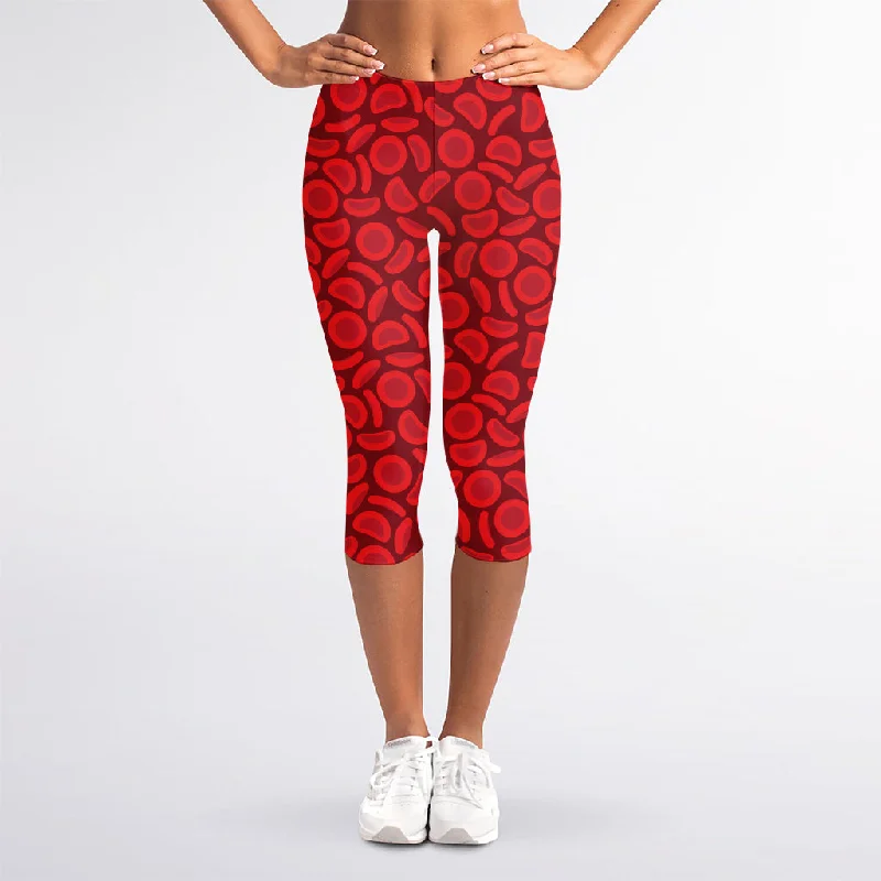 Red Blood Cells Pattern Print Women's Capri Leggings Casual Black Leggings