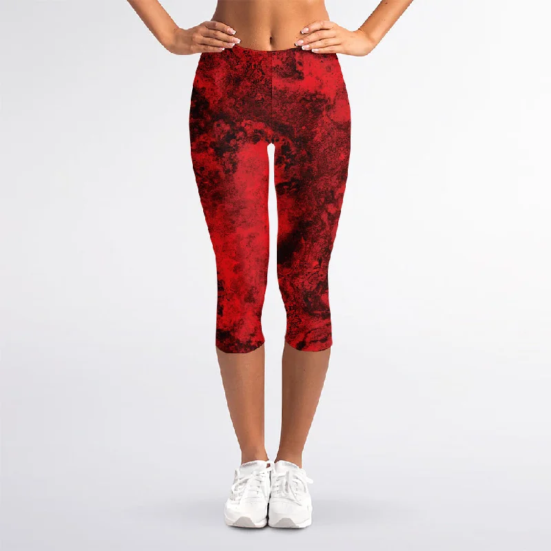 Red Blood Print Women's Capri Leggings Elegant Satin Finish Leggings