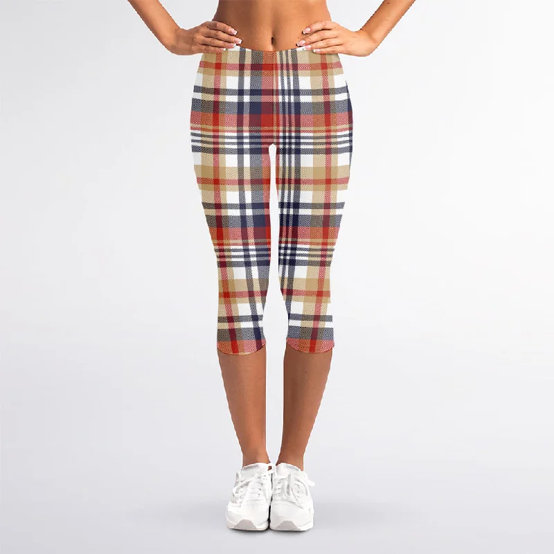 Red Blue And Beige Madras Plaid Print Women's Capri Leggings Fashionable Seamless Leggings