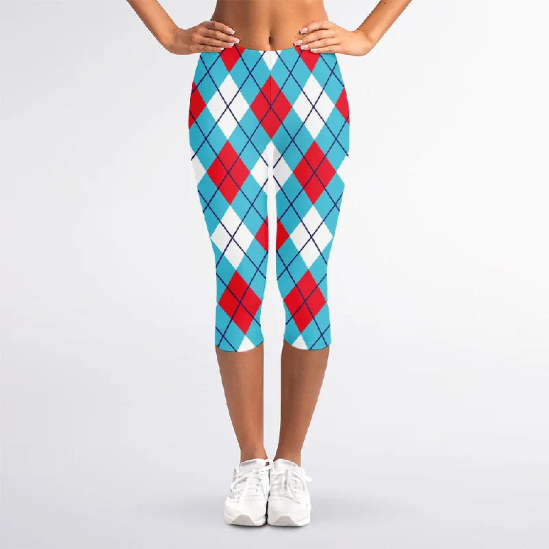 Red Blue And White Argyle Pattern Print Women's Capri Leggings Chic Floral Print Leggings