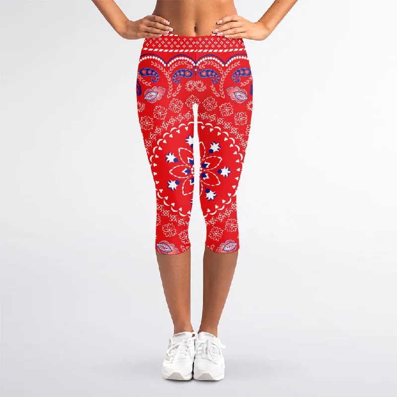 Red Blue And White Bandana Print Women's Capri Leggings Comfortable Workout Fitness Leggings