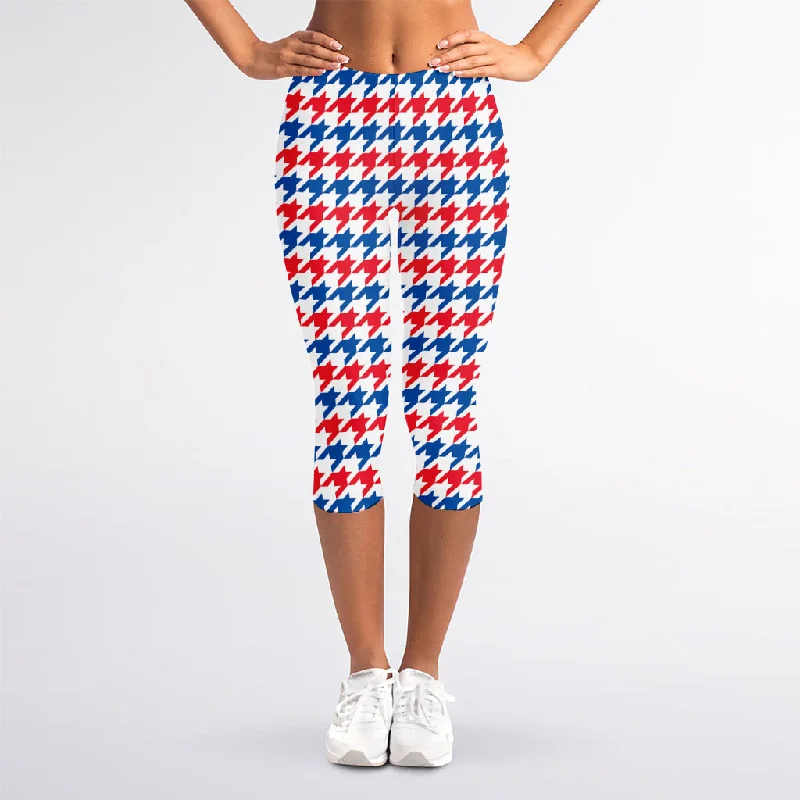 Red Blue And White Houndstooth Print Women's Capri Leggings Cozy Bootcut Leggings