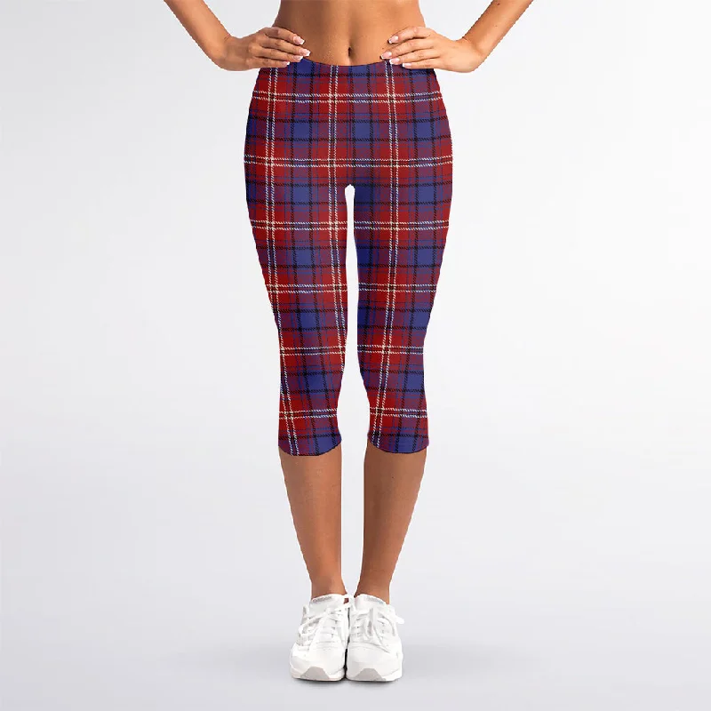 Red Blue And White Tartan Pattern Print Women's Capri Leggings Trendy Sports Performance Leggings