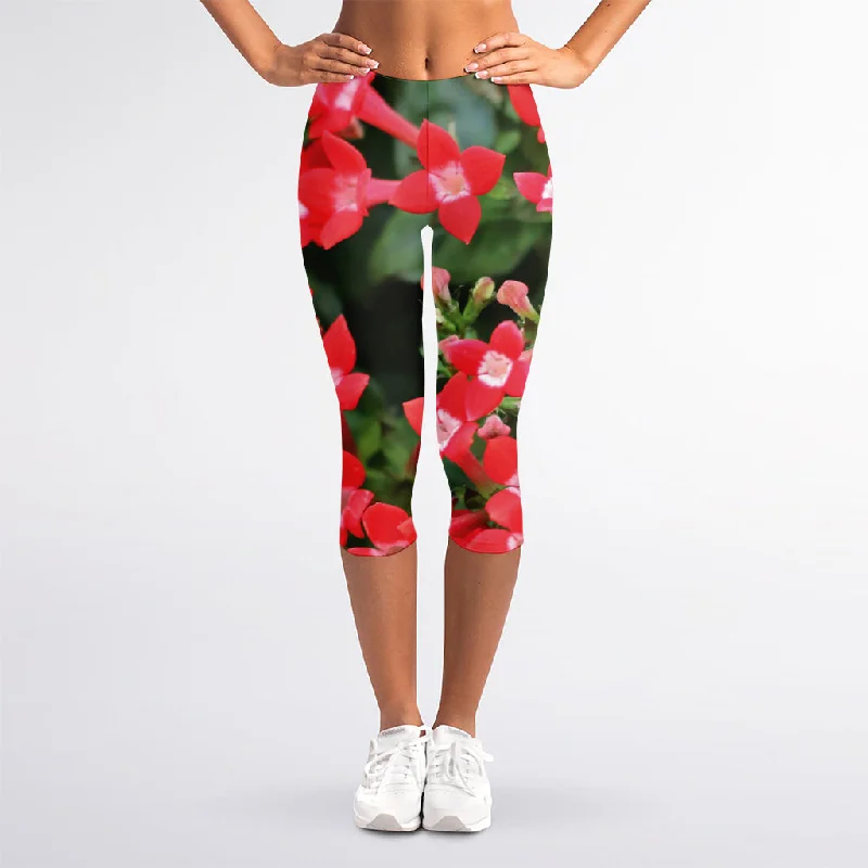 Red Bouvardia Print Women's Capri Leggings Elegant Velvet Leggings