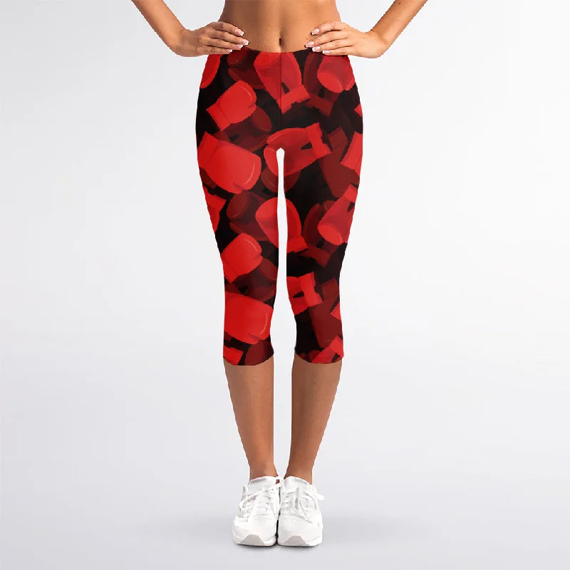 Red Boxing Gloves Pattern Print Women's Capri Leggings Fashionable Lacy Detail Leggings