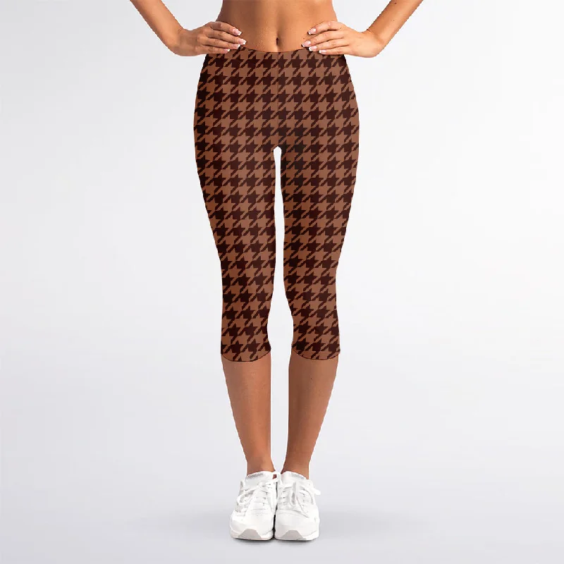 Red Brown Houndstooth Pattern Print Women's Capri Leggings Classic Solid Color Leggings