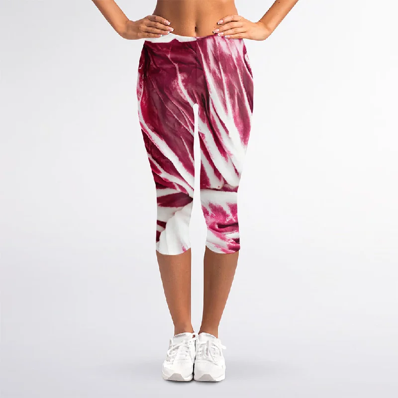 Red Cabbage Leaves Print Women's Capri Leggings Fashionable Leather-Look Leggings