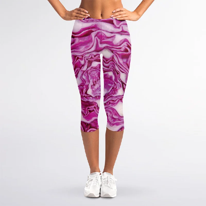 Red Cabbage Print Women's Capri Leggings Stylish Yoga Leggings