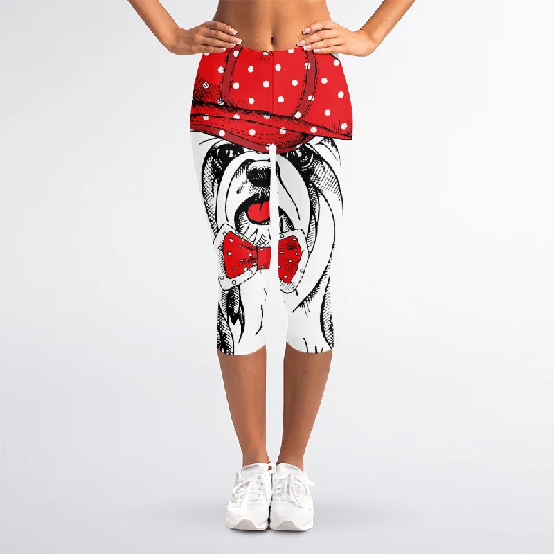 Red Cap Yorkshire Terrier Print Women's Capri Leggings Elegant Black Leggings