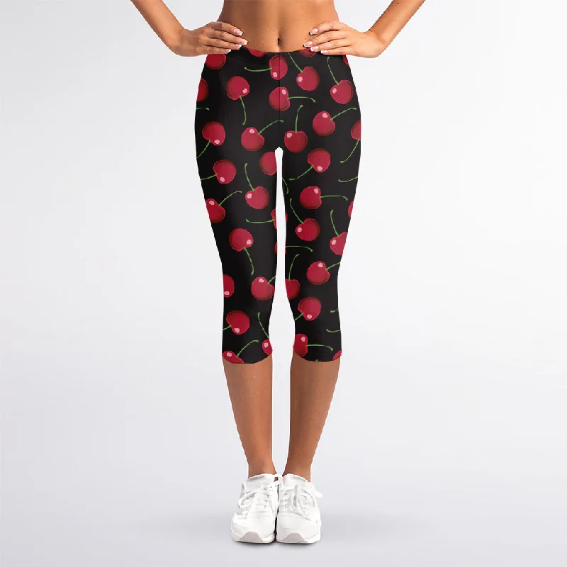 Red Cherry Pattern Print Women's Capri Leggings Comfortable Wide-Band Leggings